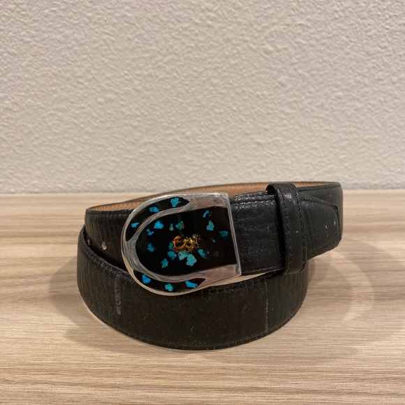 Paris Vintage Belt Navajo Inlaid Turquoise Slab Horse Shoe Belt Buckle 34”